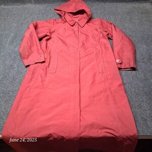 L.L. Bean Hooded Long Trench‎ Coat Nylon Rain Jacket Women Size M Pet Red PM